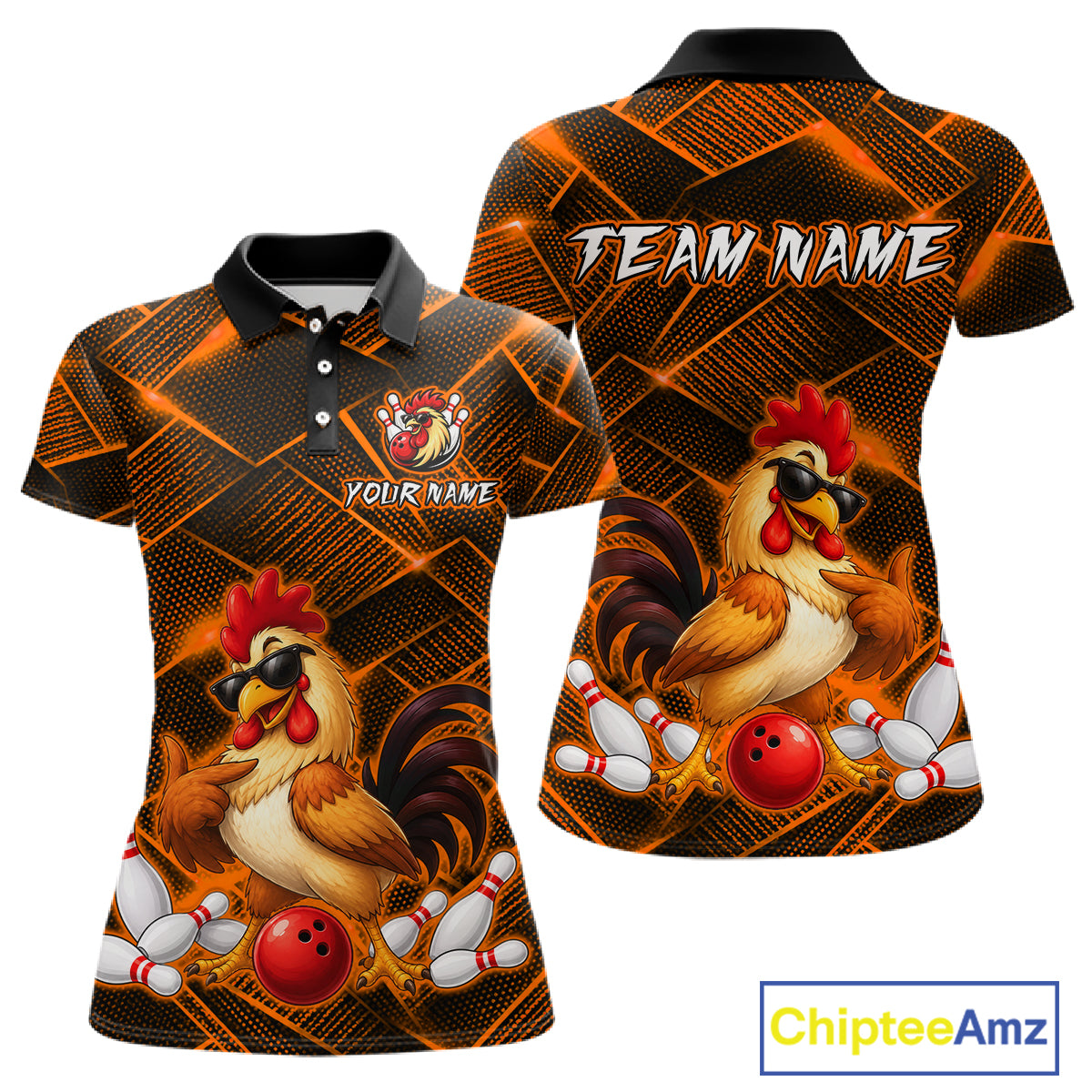 Front and back views of a orange and black bowling polo shirt featuring a cool rooster mascot wearing sunglasses, a red bowling ball, bowling pins, and custom team text.