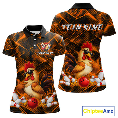 Front and back views of a orange and black bowling polo shirt featuring a cool rooster mascot wearing sunglasses, a red bowling ball, bowling pins, and custom team text.