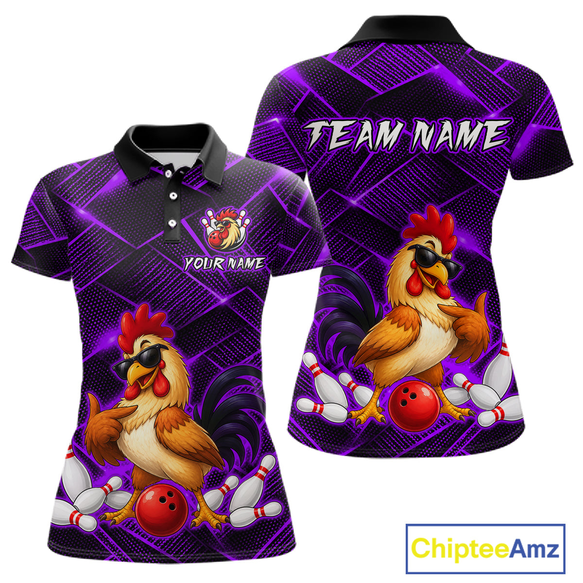 Front and back views of a purple and black bowling polo shirt featuring a cool rooster mascot wearing sunglasses, a red bowling ball, bowling pins, and custom team text.