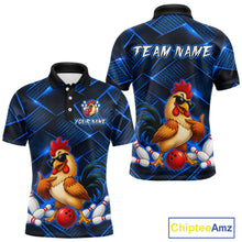 Load image into Gallery viewer, Front and back views of a blue and black bowling polo shirt featuring a cool rooster mascot wearing sunglasses, a red bowling ball, bowling pins, and custom team text.