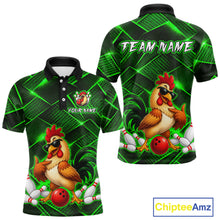 Load image into Gallery viewer, Front and back views of a green and black bowling polo shirt featuring a cool rooster mascot wearing sunglasses, a red bowling ball, bowling pins, and custom team text.