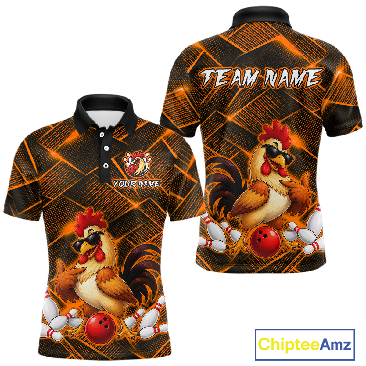 Front and back views of a orange and black bowling polo shirt featuring a cool rooster mascot wearing sunglasses, a red bowling ball, bowling pins, and custom team text.