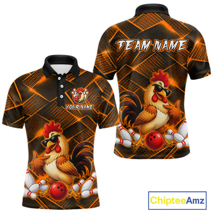 Front and back views of a orange and black bowling polo shirt featuring a cool rooster mascot wearing sunglasses, a red bowling ball, bowling pins, and custom team text.