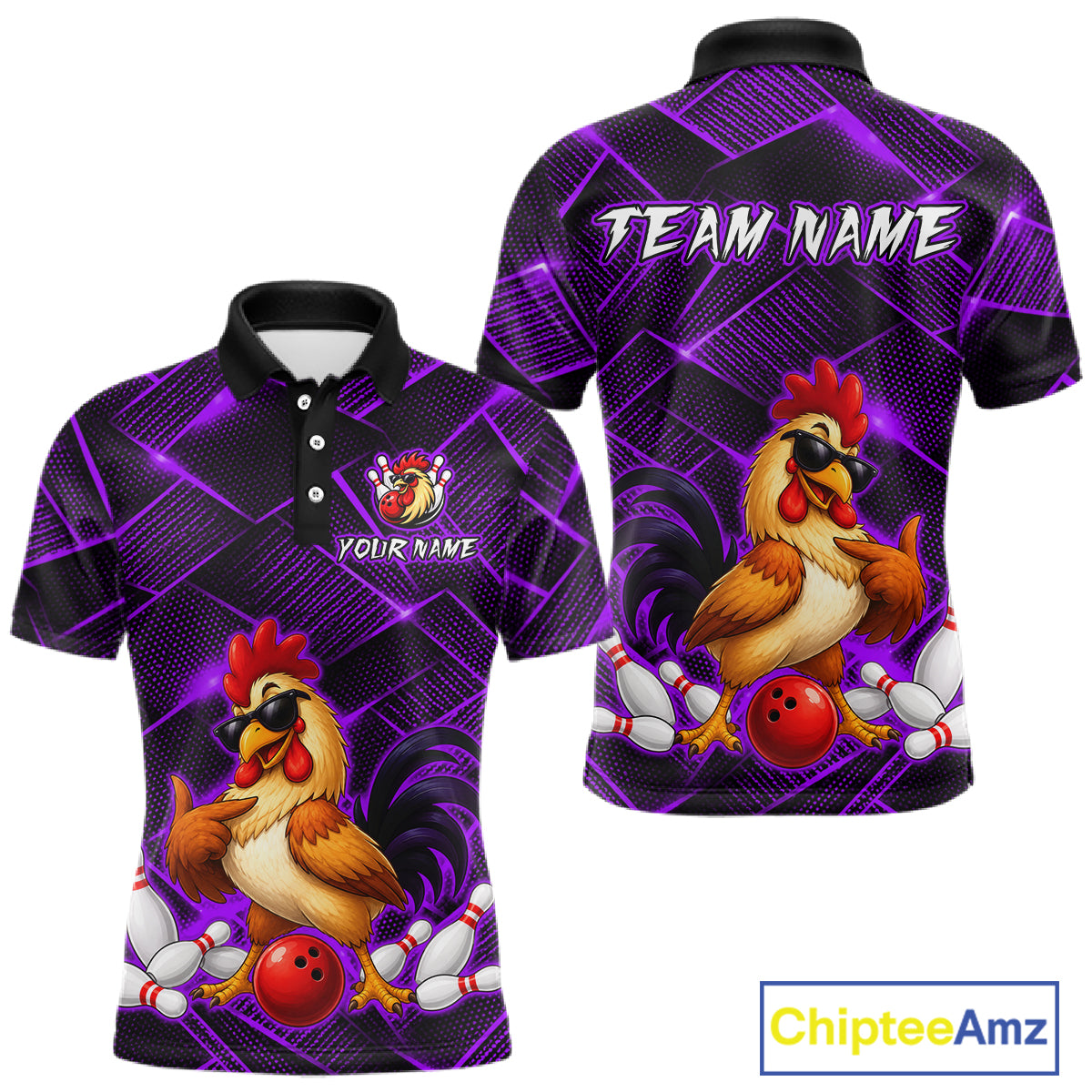 Front and back views of a purple and black bowling polo shirt featuring a cool rooster mascot wearing sunglasses, a red bowling ball, bowling pins, and custom team text.