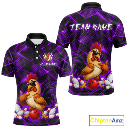 Front and back views of a purple and black bowling polo shirt featuring a cool rooster mascot wearing sunglasses, a red bowling ball, bowling pins, and custom team text.