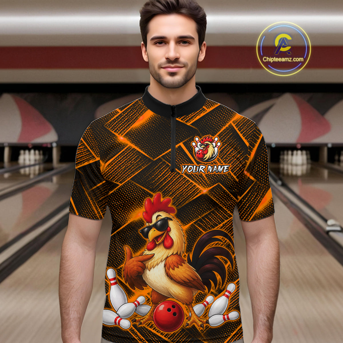 Man wearing a orange and black bowling quarter zip shirt featuring a cool rooster mascot wearing sunglasses, a red bowling ball, bowling pins, and custom your name text.
