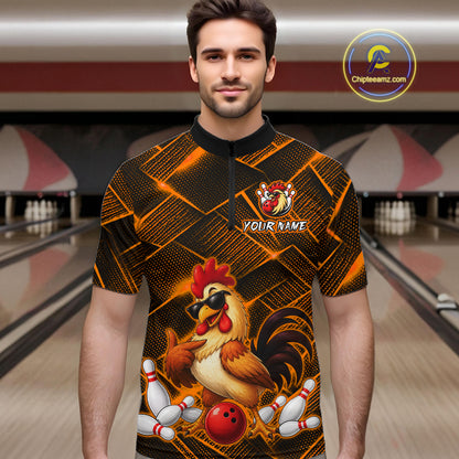 Man wearing a orange and black bowling quarter zip shirt featuring a cool rooster mascot wearing sunglasses, a red bowling ball, bowling pins, and custom your name text.
