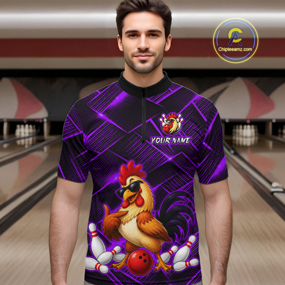 Man wearing a purple and black bowling quarter zip shirt featuring a cool rooster mascot wearing sunglasses, a red bowling ball, bowling pins, and custom your name text.