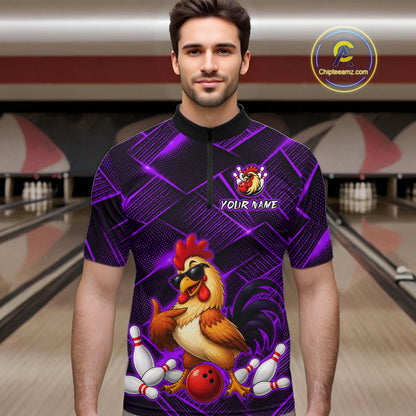 Man wearing a purple and black bowling quarter zip shirt featuring a cool rooster mascot wearing sunglasses, a red bowling ball, bowling pins, and custom your name text.