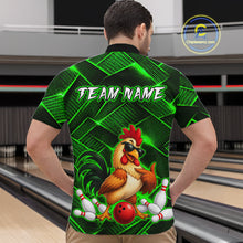 Load image into Gallery viewer, Man wearing a green and black bowling  quarter zip shirt featuring a cool rooster mascot wearing sunglasses, a red bowling ball, bowling pins, and custom team name text.