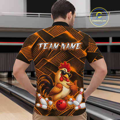 Man wearing a orange and black bowling quarter zip shirt featuring a cool rooster mascot wearing sunglasses, a red bowling ball, bowling pins, and custom team name text.