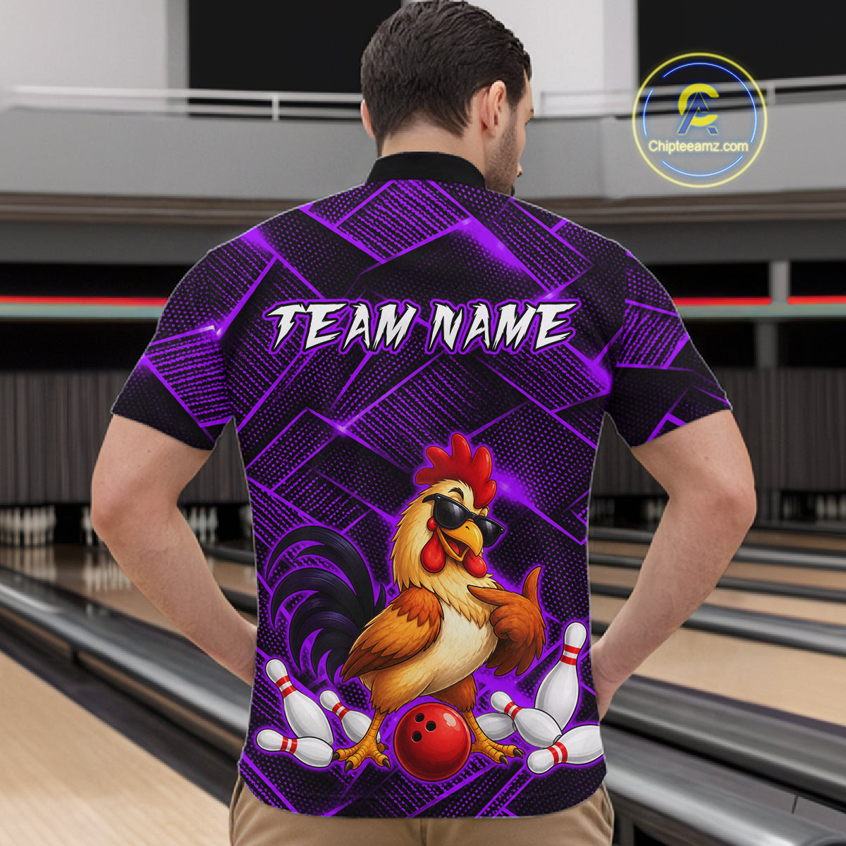 Man wearing a purple and black bowling quarter zip shirt featuring a cool rooster mascot wearing sunglasses, a red bowling ball, bowling pins, and custom team name text.