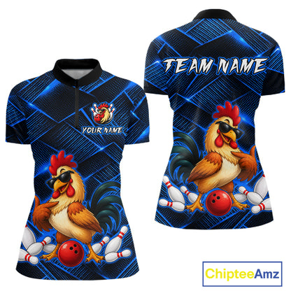 Front and back views of a blue and black bowling quarter zip shirt featuring a cool rooster mascot wearing sunglasses, a red bowling ball, bowling pins, and custom team text.