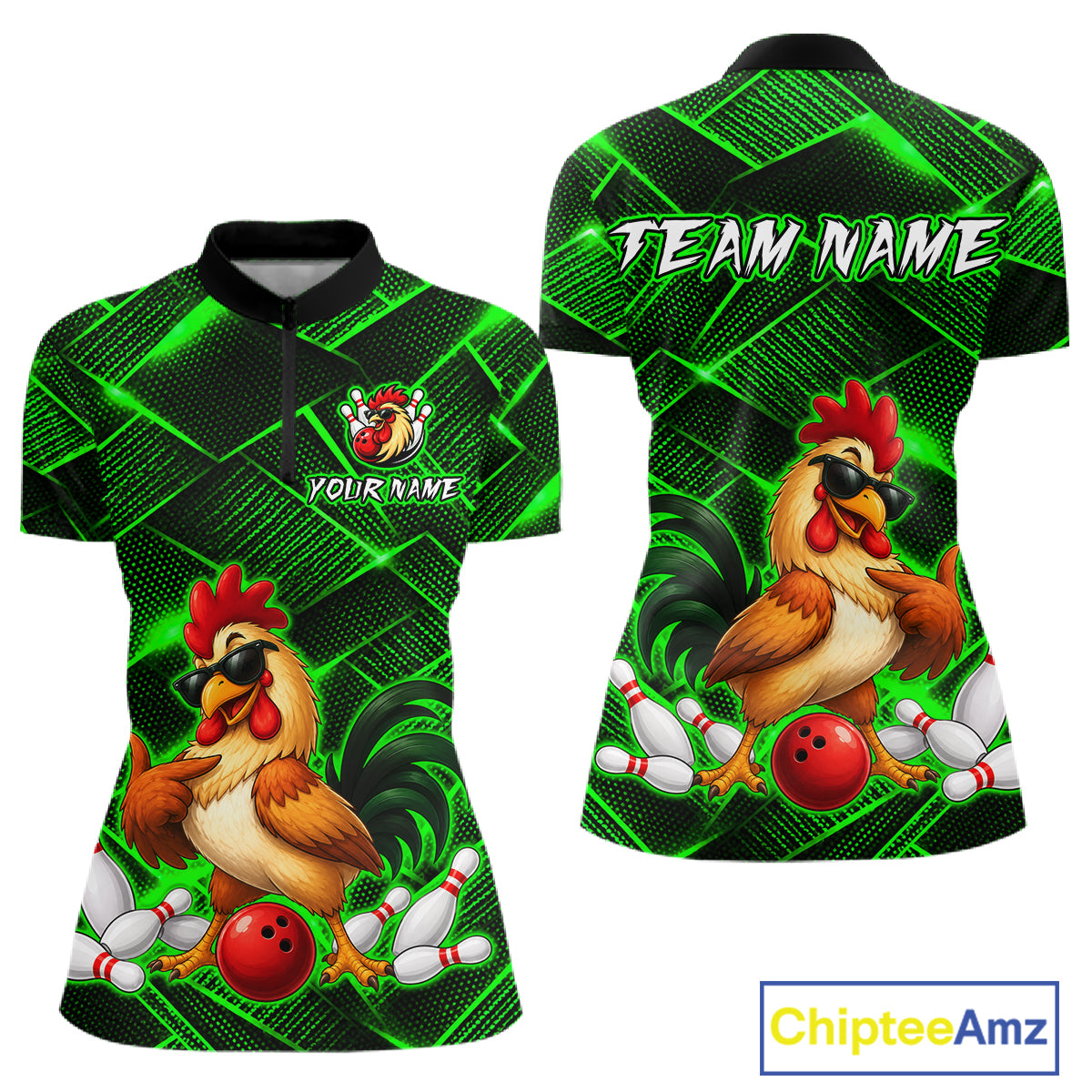 Front and back views of a green and black bowling quarter zip shirt featuring a cool rooster mascot wearing sunglasses, a red bowling ball, bowling pins, and custom team text.