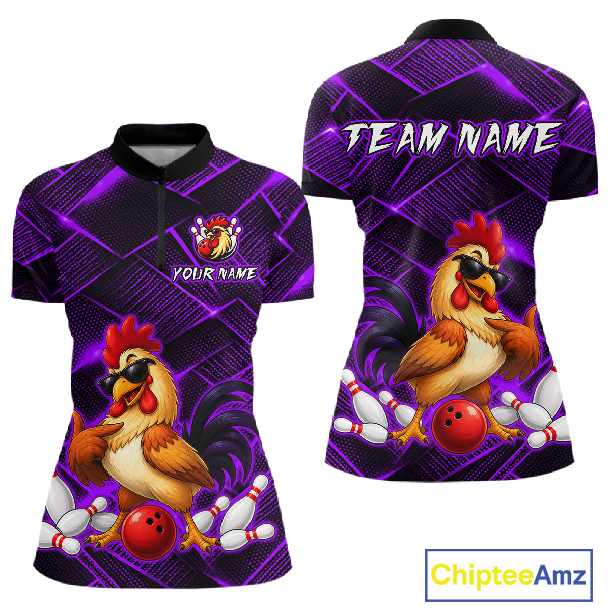 Front and back views of a purple and black bowling quarter zip shirt featuring a cool rooster mascot wearing sunglasses, a red bowling ball, bowling pins, and custom team text.