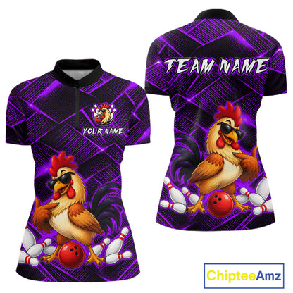 Front and back views of a purple and black bowling quarter zip shirt featuring a cool rooster mascot wearing sunglasses, a red bowling ball, bowling pins, and custom team text.