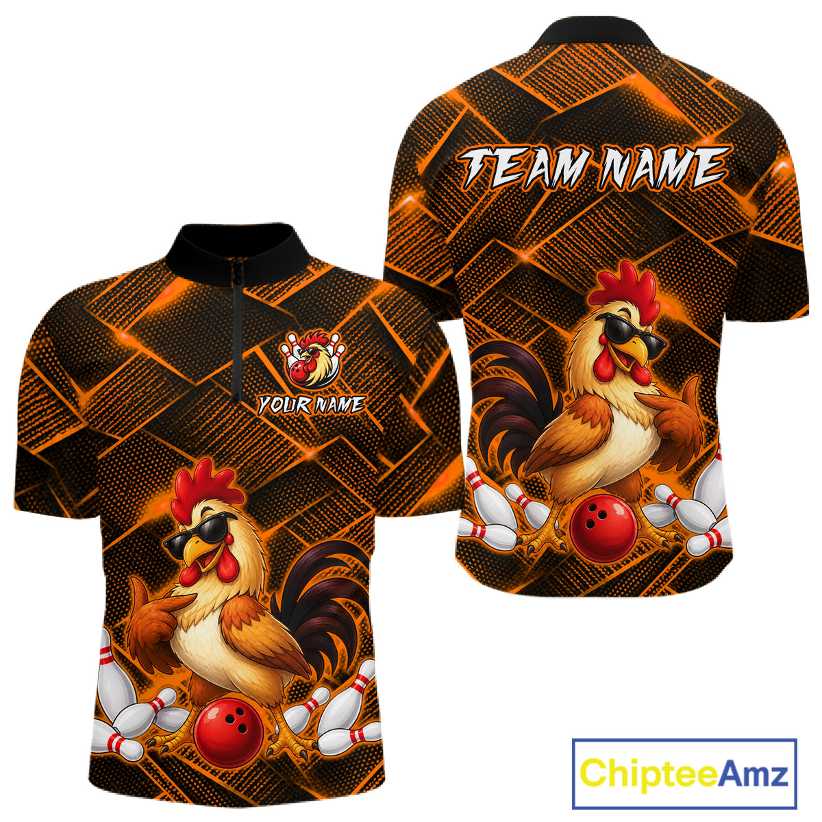 Front and back views of a orange and black bowling quarter zip shirt featuring a cool rooster mascot wearing sunglasses, a red bowling ball, bowling pins, and custom team text.
