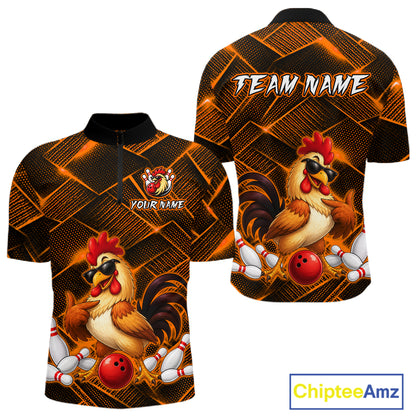 Front and back views of a orange and black bowling quarter zip shirt featuring a cool rooster mascot wearing sunglasses, a red bowling ball, bowling pins, and custom team text.