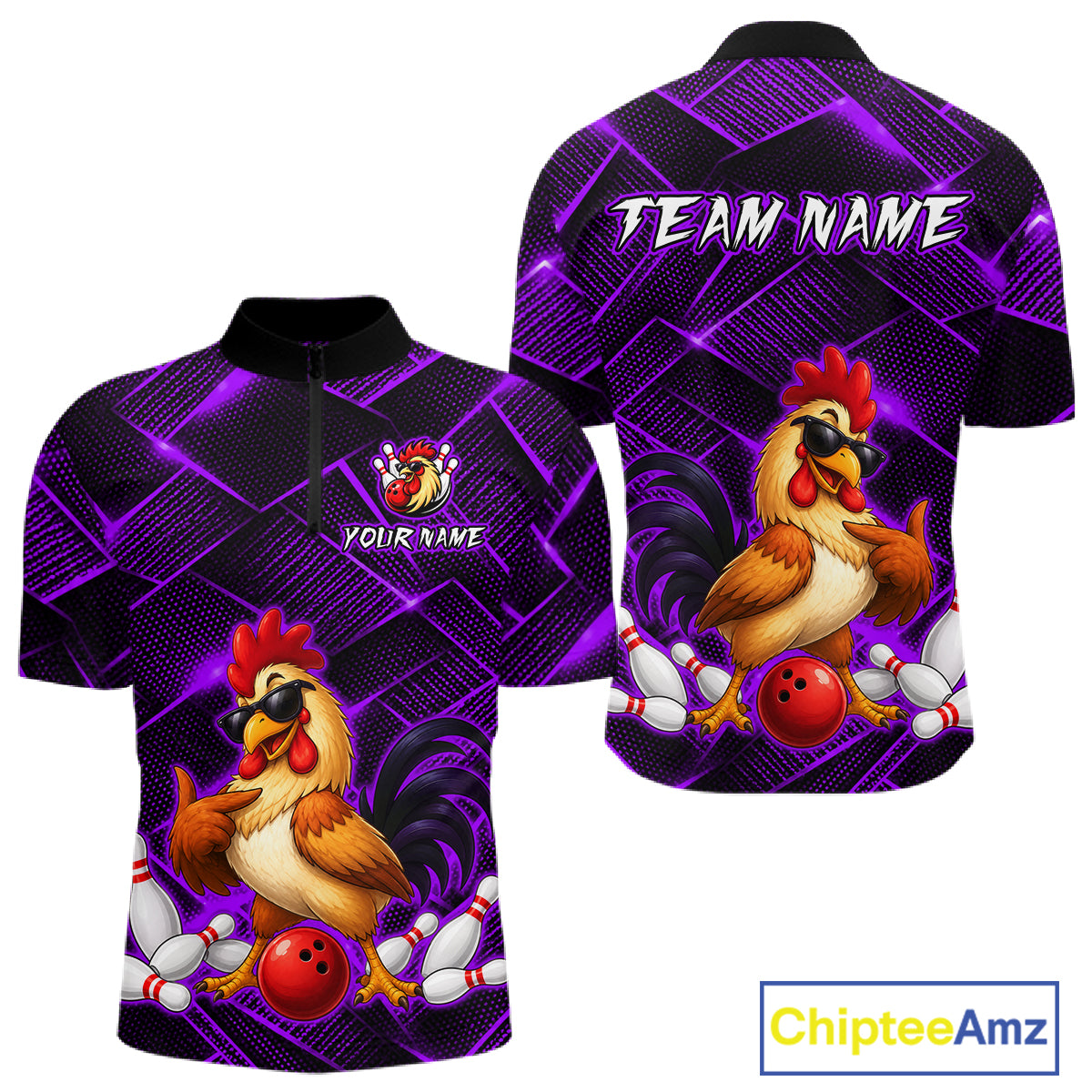 Front and back views of a purple and black bowling quarter zip shirt featuring a cool rooster mascot wearing sunglasses, a red bowling ball, bowling pins, and custom team text.