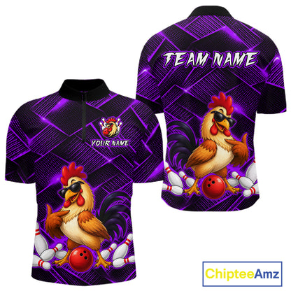 Front and back views of a purple and black bowling quarter zip shirt featuring a cool rooster mascot wearing sunglasses, a red bowling ball, bowling pins, and custom team text.