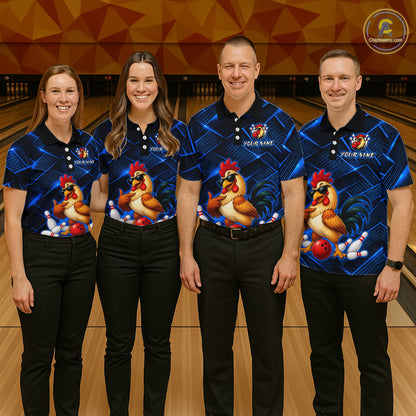 Four people wearing blue and black bowling polo shirt featuring a cool rooster mascot wearing sunglasses, a red bowling ball, bowling pins, and custom your name text
