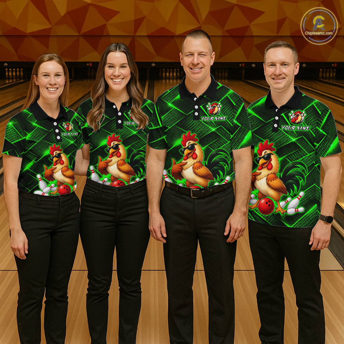 Four people wearing green and black bowling polo shirt featuring a cool rooster mascot wearing sunglasses, a red bowling ball, bowling pins, and custom your name text.