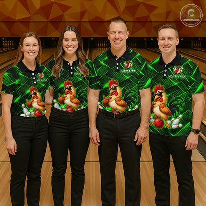 Four people wearing green and black bowling polo shirt featuring a cool rooster mascot wearing sunglasses, a red bowling ball, bowling pins, and custom your name text.