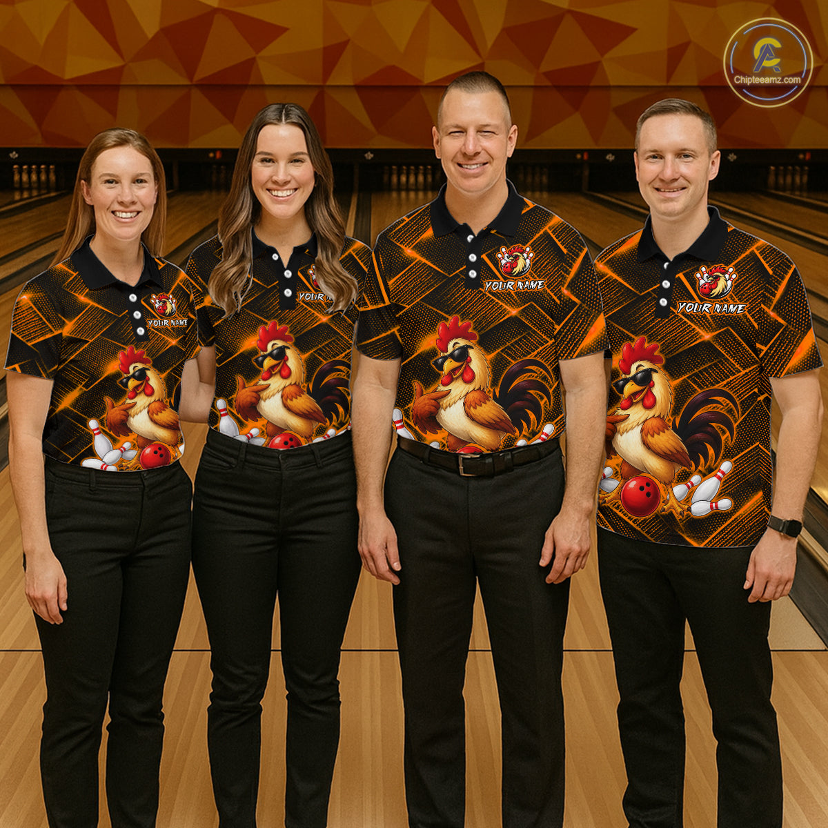 Four people wearing orange and black bowling polo shirt featuring a cool rooster mascot wearing sunglasses, a red bowling ball, bowling pins, and custom your name text.