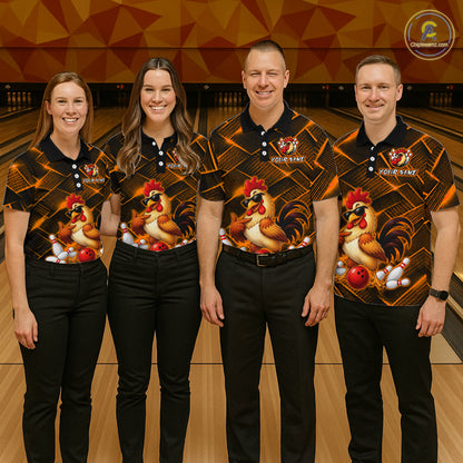 Four people wearing orange and black bowling polo shirt featuring a cool rooster mascot wearing sunglasses, a red bowling ball, bowling pins, and custom your name text.