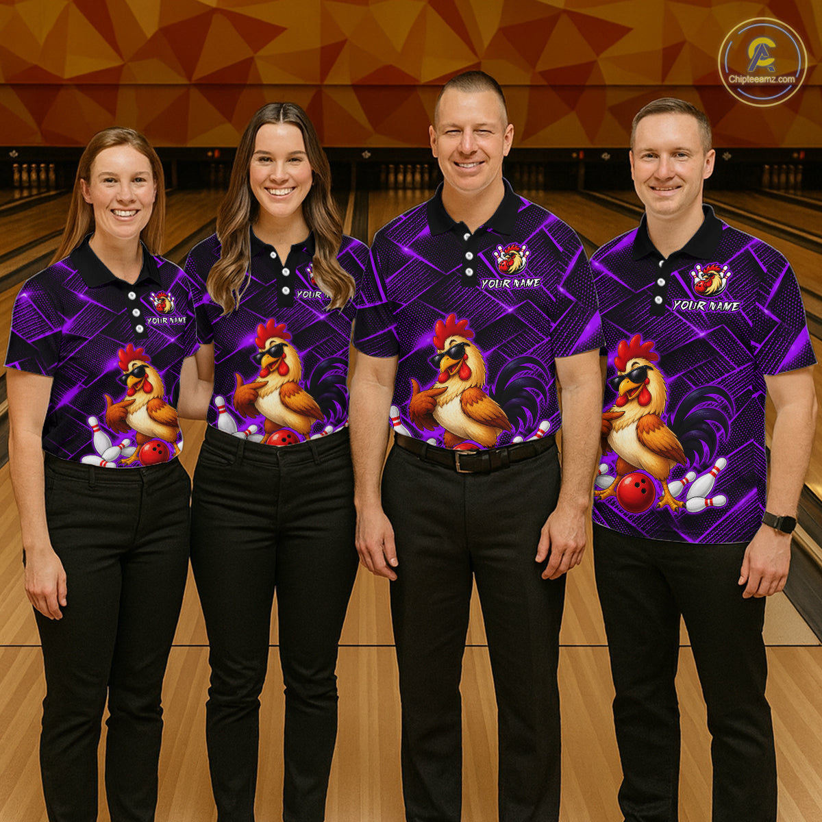 Four people wearing purple and black bowling polo shirt featuring a cool rooster mascot wearing sunglasses, a red bowling ball, bowling pins, and custom your name text.