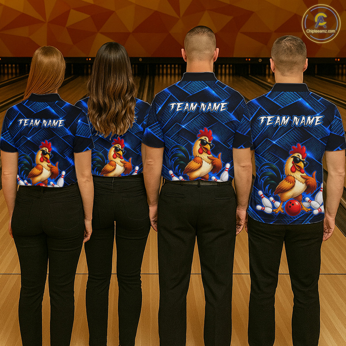 Four people wearing blue and black bowling polo shirt featuring a cool rooster mascot wearing sunglasses, a red bowling ball, bowling pins, and custom team name text