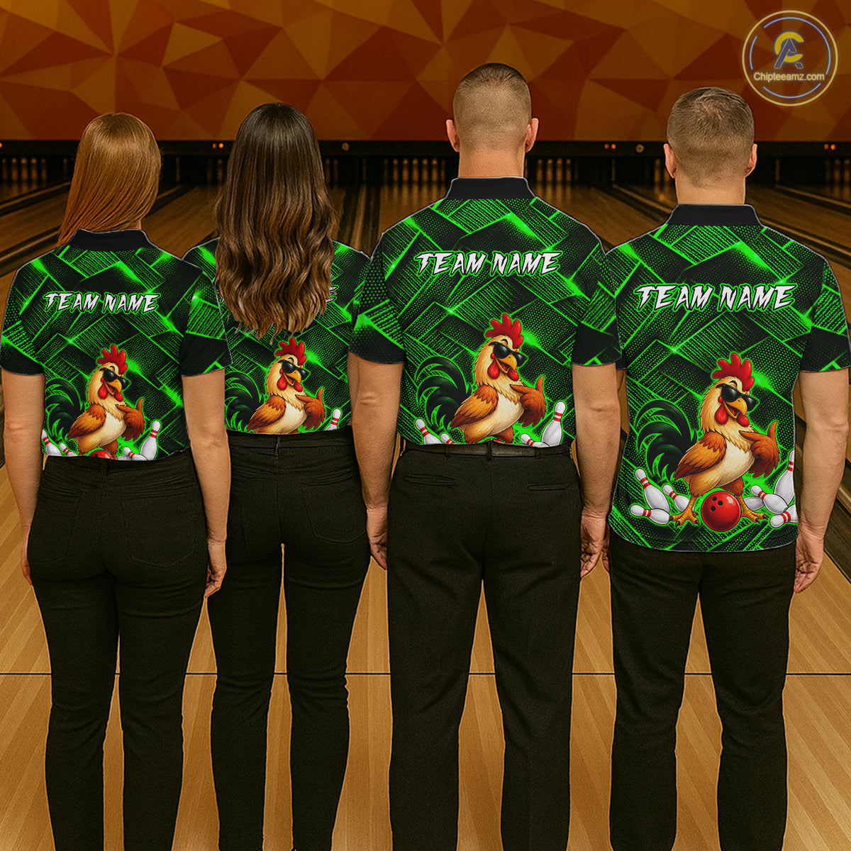 Four people wearing green and black bowling polo shirt featuring a cool rooster mascot wearing sunglasses, a red bowling ball, bowling pins, and custom team name text.