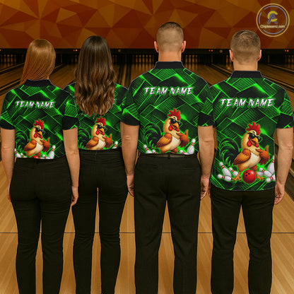 Four people wearing green and black bowling polo shirt featuring a cool rooster mascot wearing sunglasses, a red bowling ball, bowling pins, and custom team name text.
