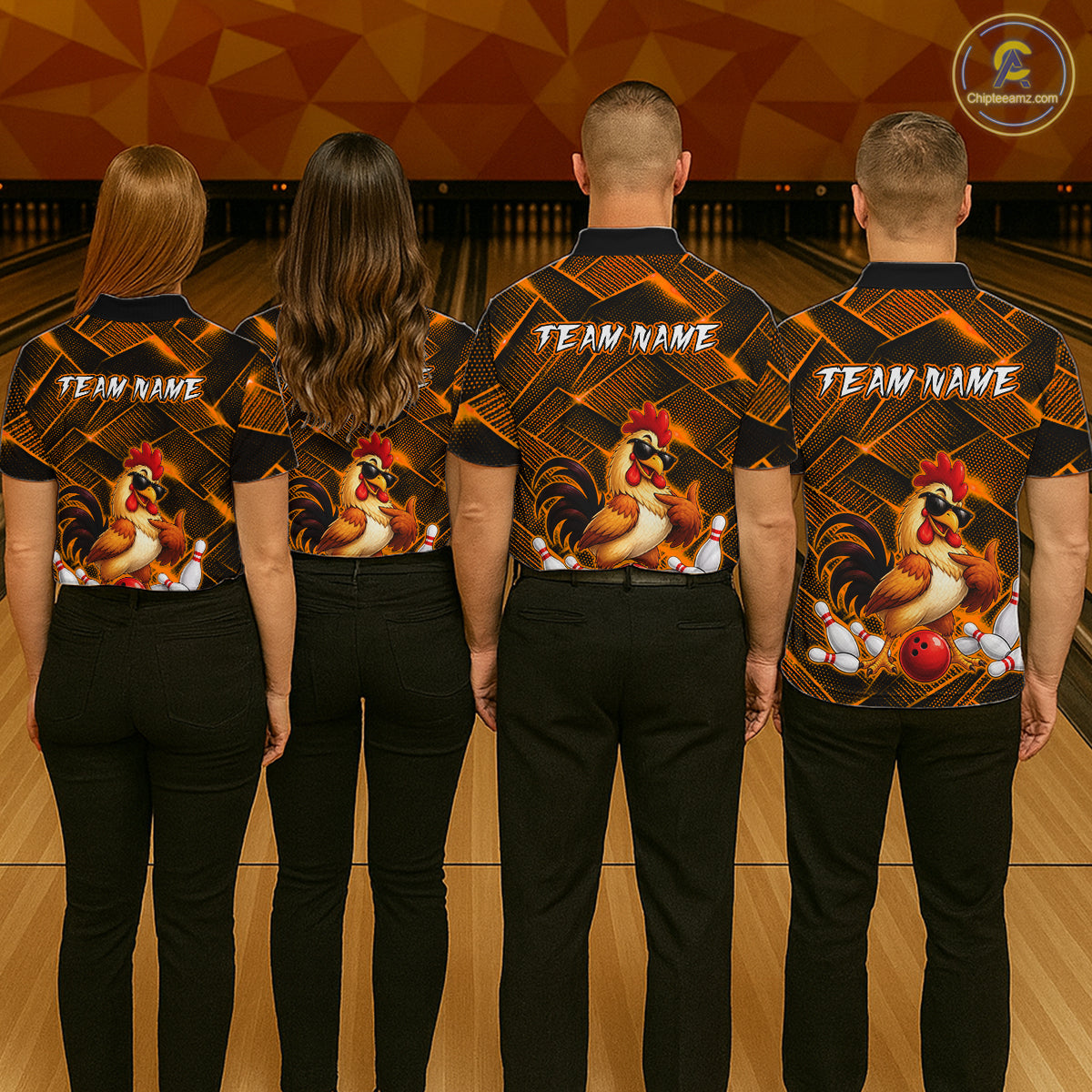 Four people wearing orange and black bowling polo shirt featuring a cool rooster mascot wearing sunglasses, a red bowling ball, bowling pins, and custom team name text.