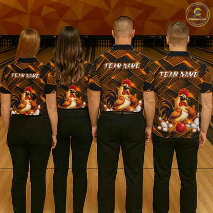 Four people wearing orange and black bowling polo shirt featuring a cool rooster mascot wearing sunglasses, a red bowling ball, bowling pins, and custom team name text.