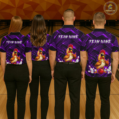 Four people wearing purple and black bowling polo shirt featuring a cool rooster mascot wearing sunglasses, a red bowling ball, bowling pins, and custom team name text.