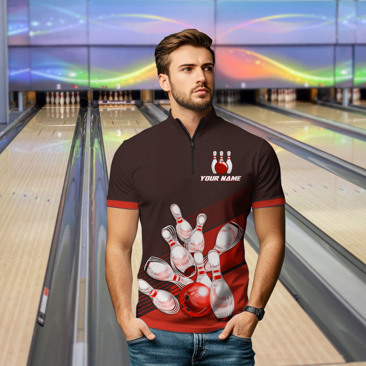 Red Bowling Jersey for Men Custom Bowling Team Shirts Bowling League Polo & 1/4 Zip HNT166