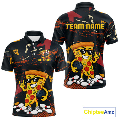 Front and back views of a black bowling polo featuring orange grunge graphics, a sunglasses-wearing pizza slice mascot, bowling pins, and custom team text.