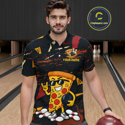 Man wearing a black bowling polo featuring orange grunge graphics, a sunglasses-wearing pizza slice mascot, bowling pins, and custom your name text.