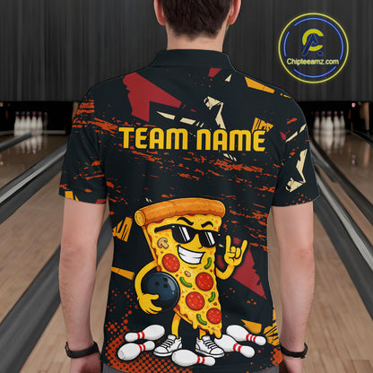 Man wearing a black bowling polo featuring orange grunge graphics, a sunglasses-wearing pizza slice mascot, bowling pins, and custom team name text.