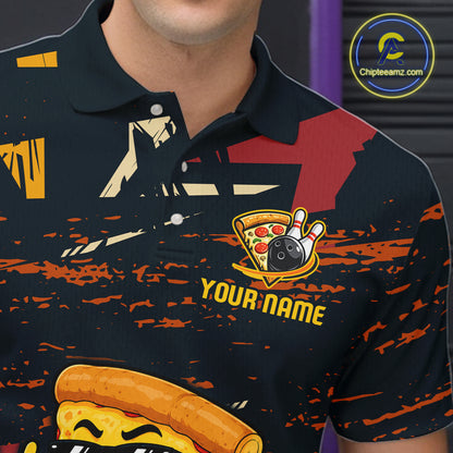 Person wearing a dark polo shirt with colorful graphics and text, featuring a logo and website URL.