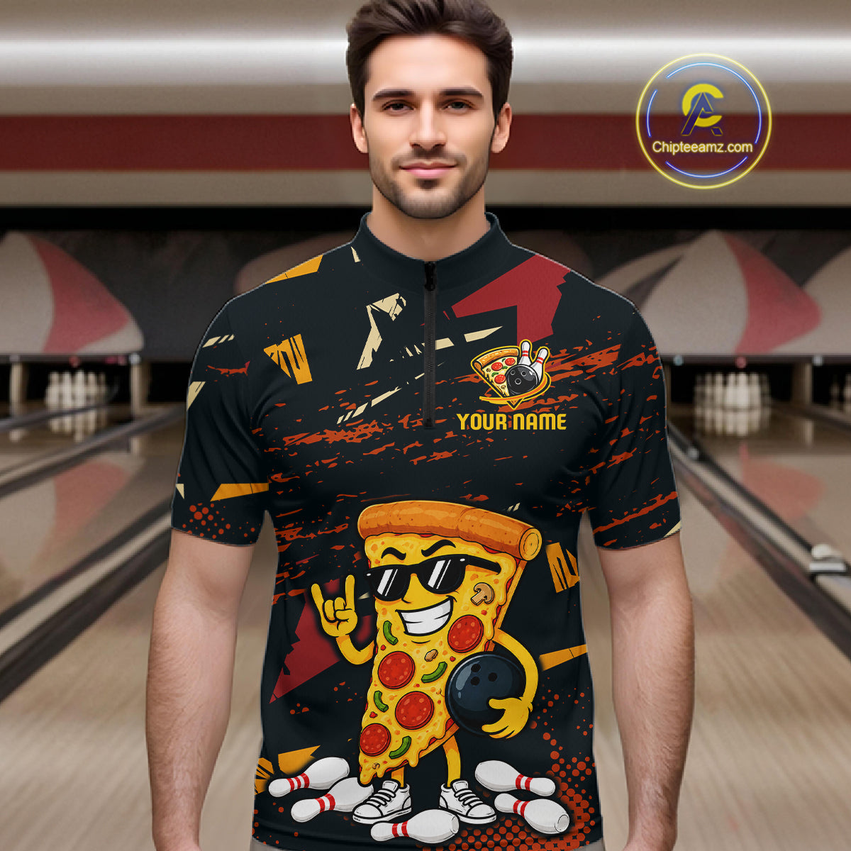 Man wearing a black bowling quarter zip featuring orange grunge graphics, a sunglasses-wearing pizza slice mascot, bowling pins, and custom your name text.