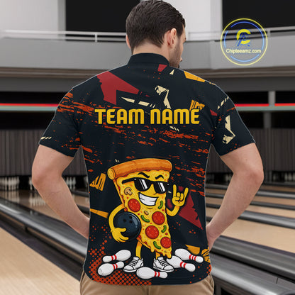 Man wearing a black bowling quarter zip featuring orange grunge graphics, a sunglasses-wearing pizza slice mascot, bowling pins, and custom team name text.