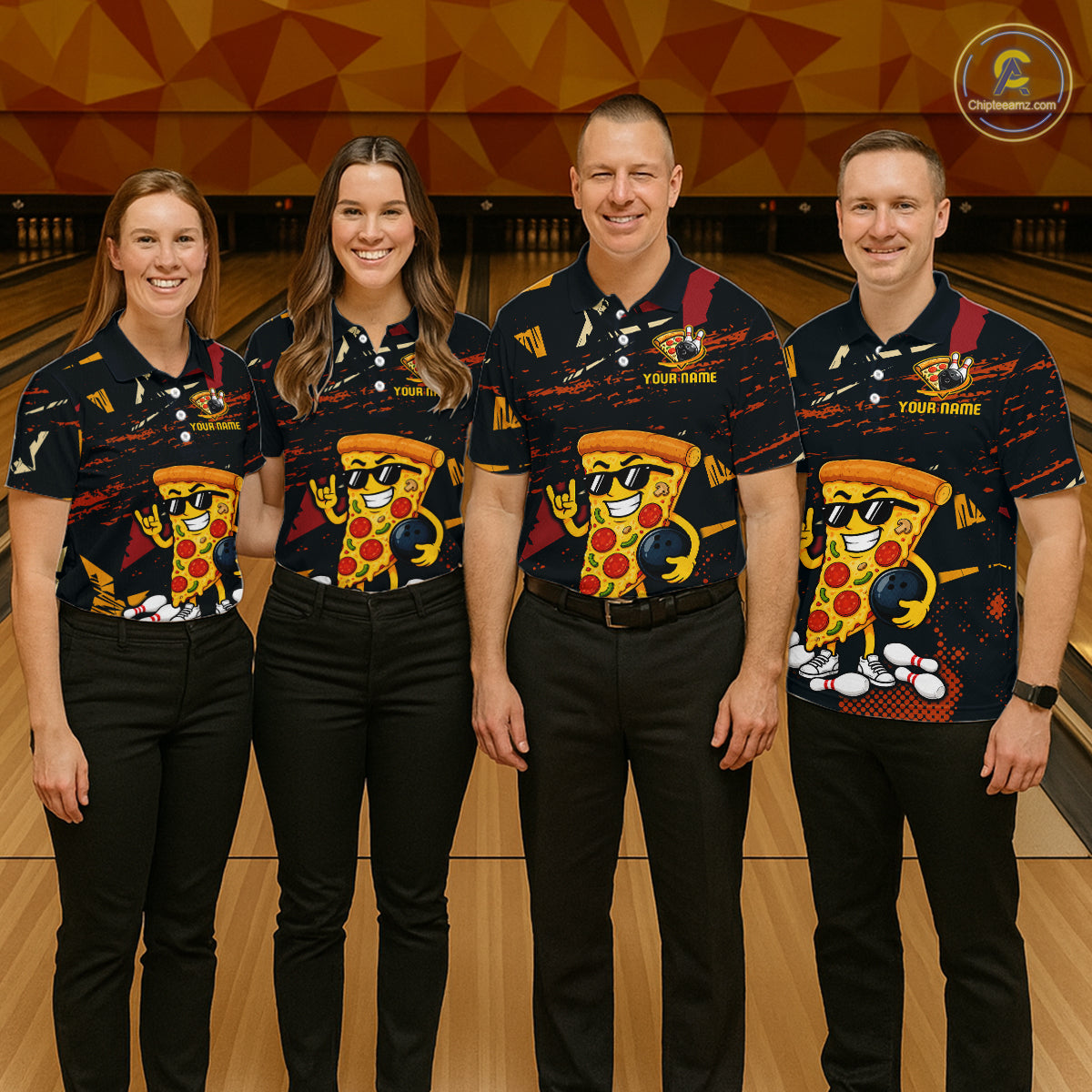 Four people wearing black bowling polo featuring orange grunge graphics, a sunglasses-wearing pizza slice mascot, bowling pins, and custom your name text.