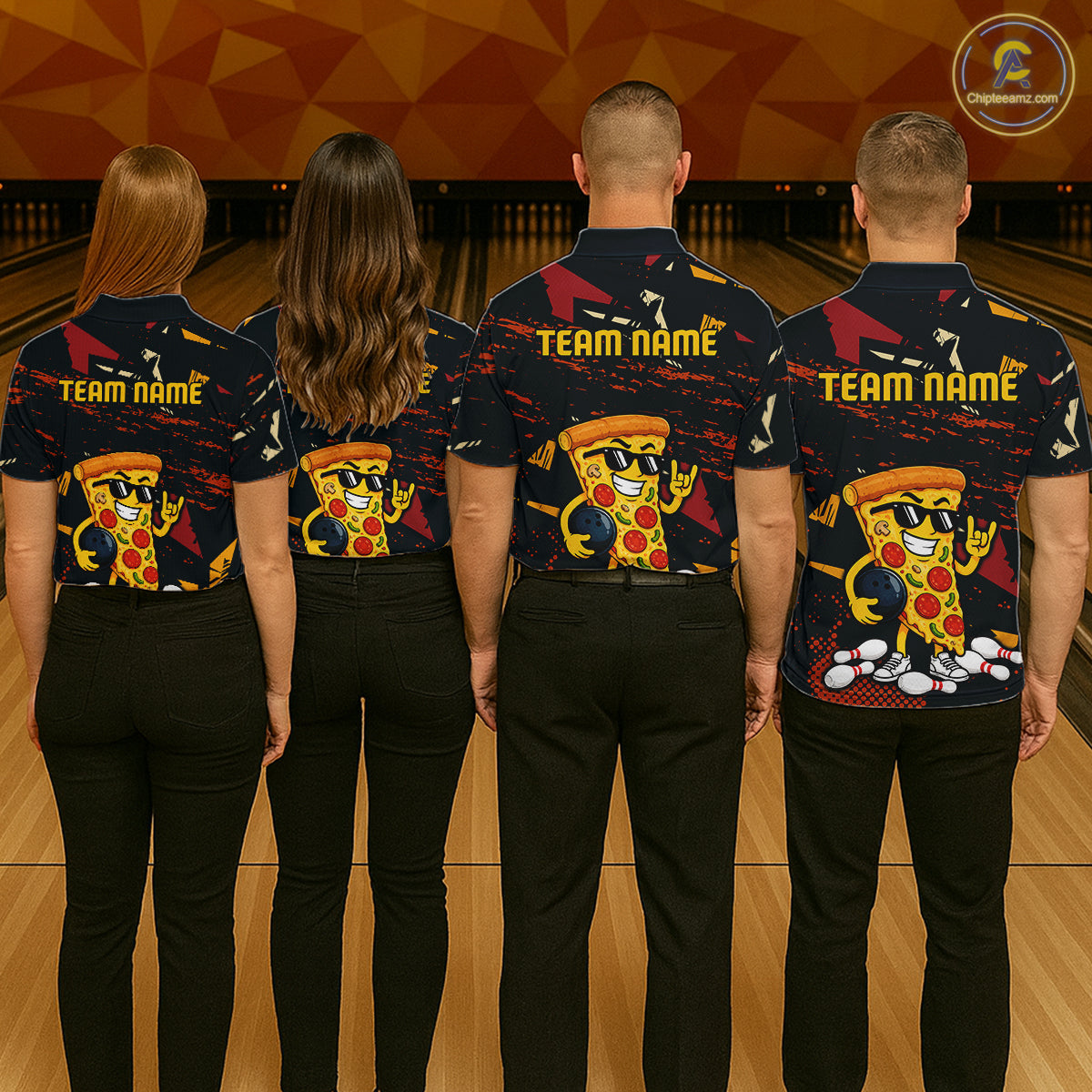 Four people wearing black bowling polo featuring orange grunge graphics, a sunglasses-wearing pizza slice mascot, bowling pins, and custom team name text.