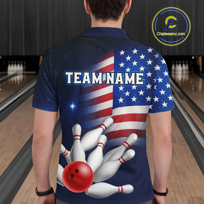 Custom US Flag Galaxy Bowling Jersey for Men Bowling Team Shirts Bowling Polo & 1/4 Zip HNT169
