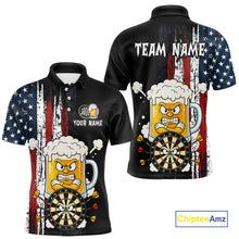 Load image into Gallery viewer, Black polo shirt with American flag design, beer mug with darts, and 'Team Name' text on a white background.
