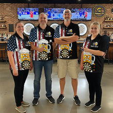 Load image into Gallery viewer, Four people wearing matching bar-themed shirts in a casual setting with dartboards and televisions in the background.