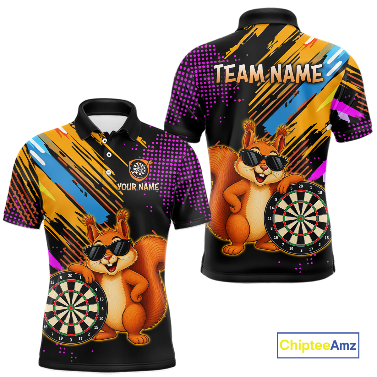 Colorful polo shirt with a squirrel holding a dartboard design, featuring 'Team Name' and 'Your Name' text on a white background.