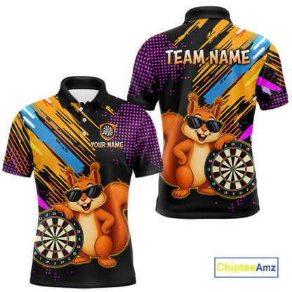 Colorful polo shirt with a squirrel holding a dartboard design, featuring 'Team Name' and 'Your Name' text on a white background.